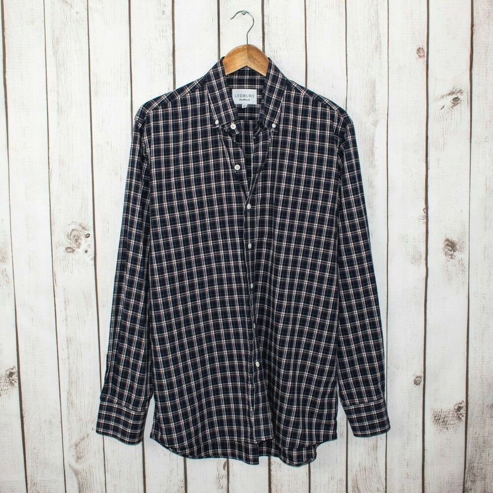 LEDBURY Dress Shirt Blue Plaid Cotton Size 16 1/2 42cm